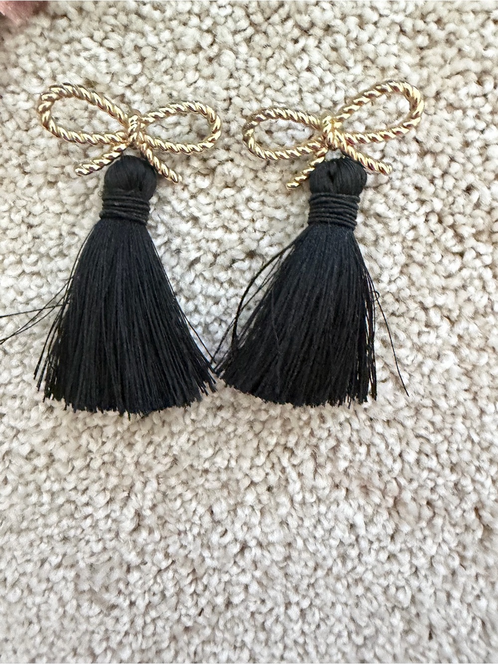 Gold Bow & Black Tassel Drop Earrings - Elegant Statement
